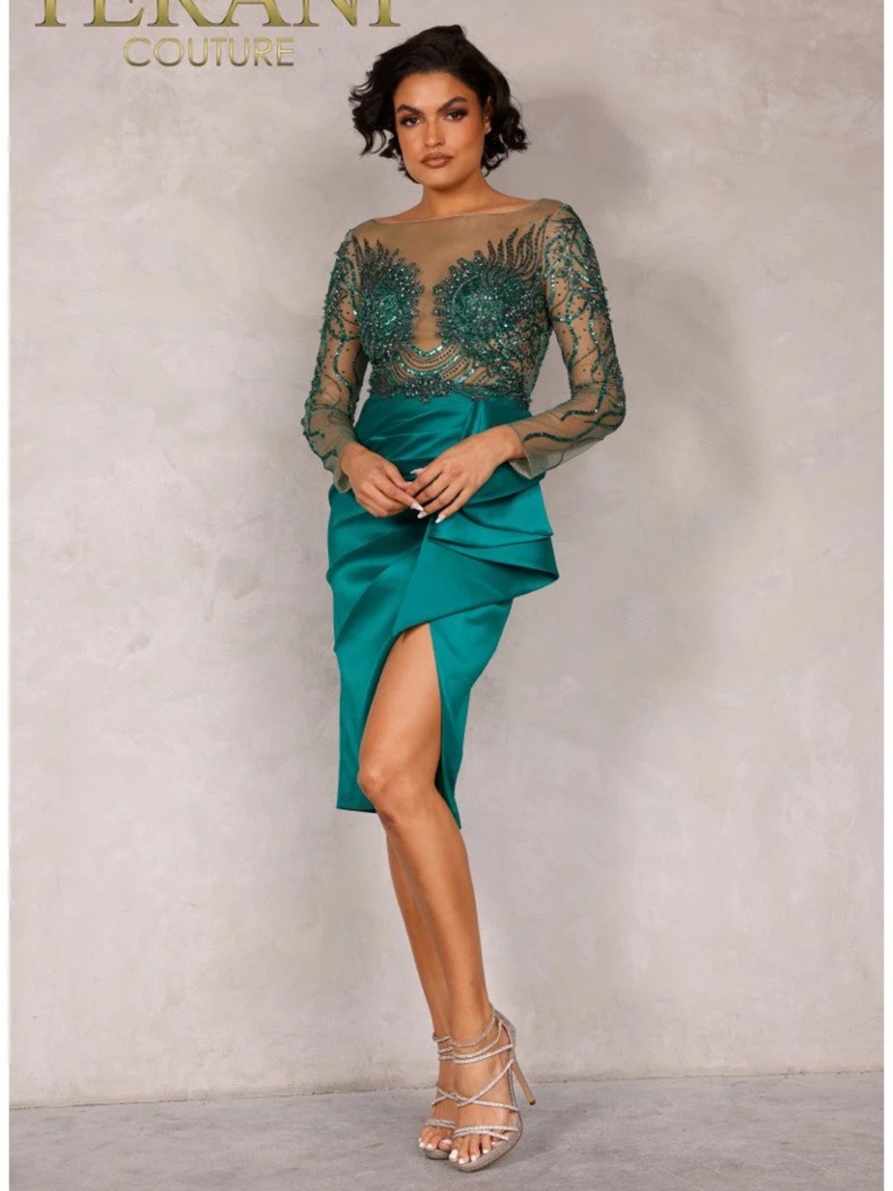 Terani Couture Teal Beaded Illusion-Sleeve Midi Dress